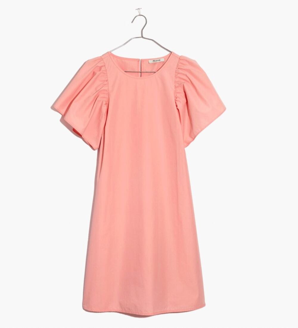MADEWELL Poplin Flutter-Sleeve Shift Dress in Peachy Pink // XS